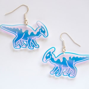 Parasaurolophus dinosaur dangly earrings, large iridescent earrings image 1