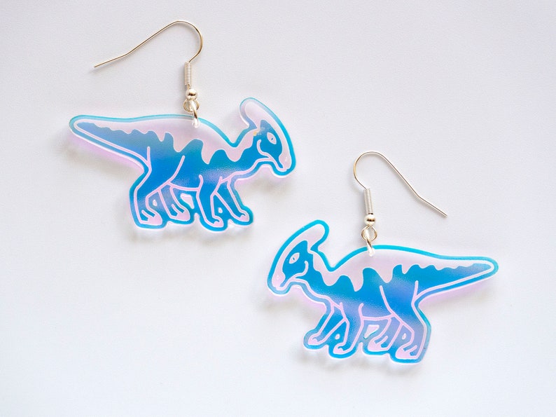 Parasaurolophus dinosaur dangly earrings, large iridescent earrings image 1