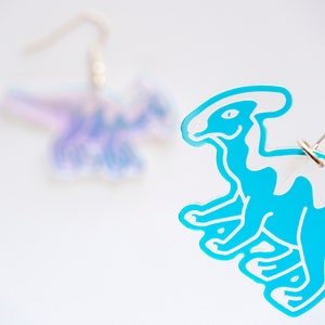 Parasaurolophus dinosaur dangly earrings, large iridescent earrings image 2