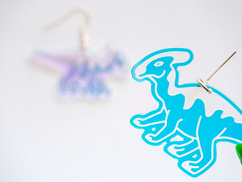 Parasaurolophus dinosaur dangly earrings, large iridescent earrings image 2