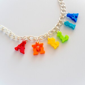 Puede incluir: Un collar de cadena de plata con abalorios de letras de colores que deletrean "FAMILY". Los abalorios son rojos, naranjas, amarillos, verdes, azules y morados.