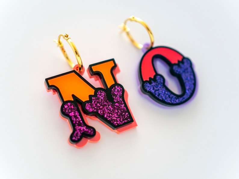 Circus letter earrings, gold filled hoop in bright acrylic, festival earrings image 4