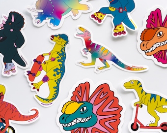 Mystery Dinosaur Sticker Pack (5), Vinyl Outdoor Stickers for Laptops, Suitcases, Skateboards, Micro Scooting, Space Themed Dino Surprises