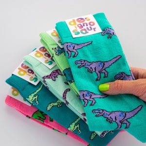 T-Rex dinosaur socks turquoise and lilac pair of socks image 6