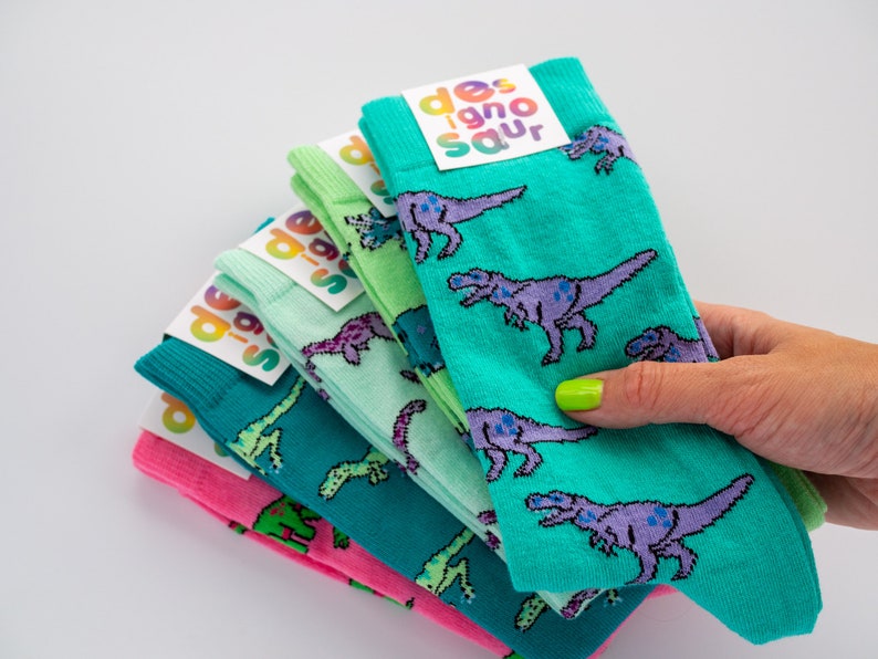 T-Rex dinosaur socks turquoise and lilac pair of socks image 6