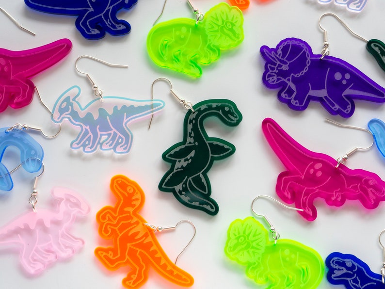 Parasaurolophus dinosaur dangly earrings, large iridescent earrings image 6