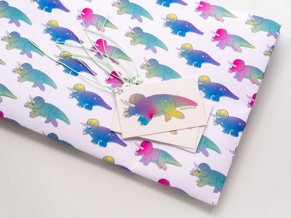 Triceratops Rainbow Dinosaur Wrapping Paper With Tags | Etsy