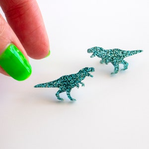 Glitter t-rex dinosaur stud earrings Turquoise