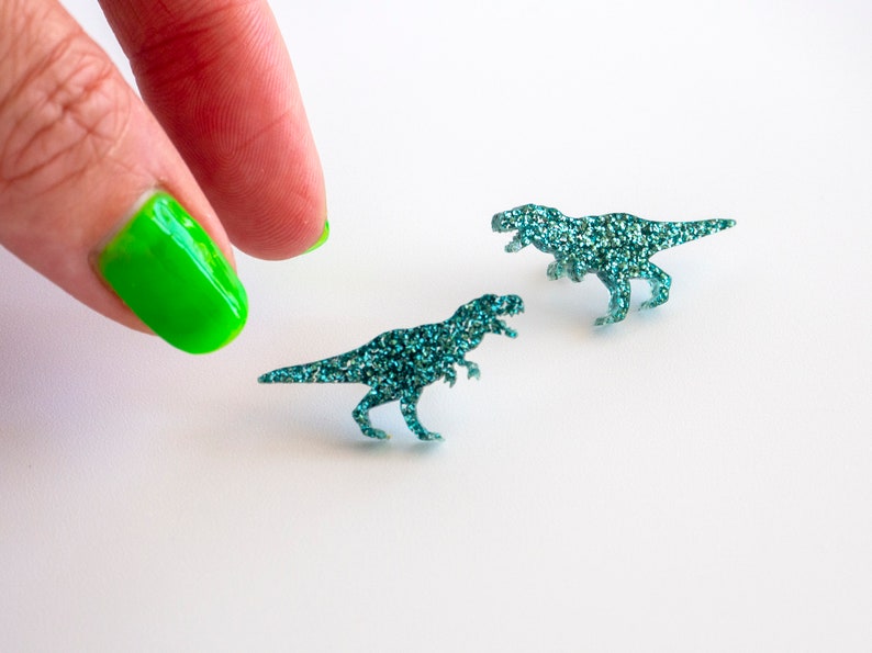 Glitter t-rex dinosaur stud earrings Turquoise