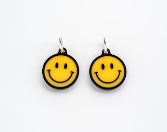 Smile face earrings, Sterling silver hoop in bright acrylic.