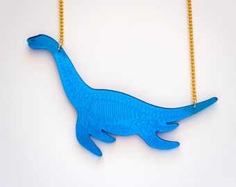 Plesiosaur skeleton laser engraved necklace