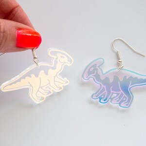 Parasaurolophus dinosaur dangly earrings, large iridescent earrings image 3