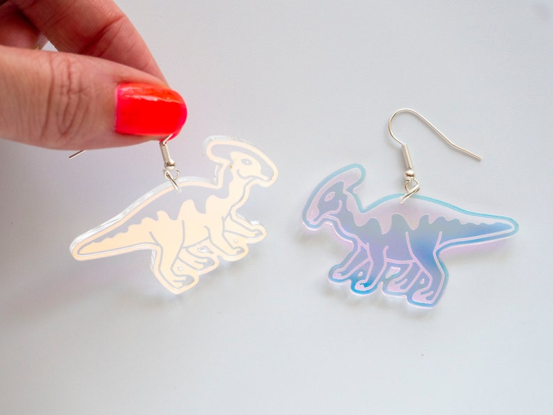 Parasaurolophus dinosaur dangly earrings, large iridescent earrings image 3