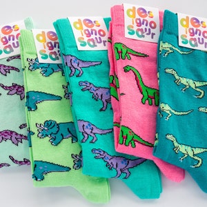 T-Rex dinosaur socks turquoise and lilac pair of socks image 7