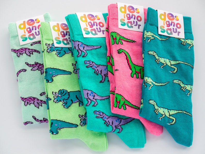 T-Rex dinosaur socks turquoise and lilac pair of socks image 7