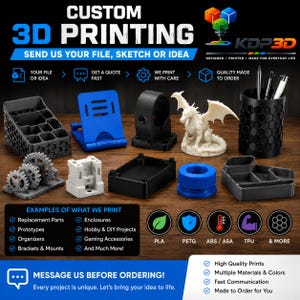 May include: A collection of 3D printed objects including a black honeycomb desk organizer, a blue phone stand, a white dragon figurine, a black pen holder, grey gears, a white mechanical part, a black enclosure, and a blue circular cap.