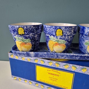 May include: A set of three blue and white speckled porcelain plant pots on a matching rectangular tray. Each pot features a hand-painted yellow lemon design with green leaves. The packaging box is blue with a yellow label reading Fine Porcelain SORRENTO COUNTRY CRAFTS SET OF 3 PLANT POTS ON TRAY.