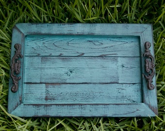 Decorative / Serving Tray - Aqua Distressed with Black Glaze Topcoat