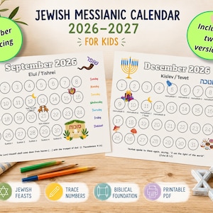 May include: A Jewish Messianic calendar for 2026-2027 for kids, featuring two printed pages for September and December 2026 with number tracing circles, colorful illustrations of holidays, Hebrew text, and days of the week listed in a vertical column.