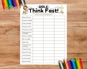 May include: A white game sheet titled Bible Think Fast! with a grid for listing answers. The header features an illustration of a figure holding a child and a cross. Categories include Bible characters, animals, books, and miracles of Jesus.