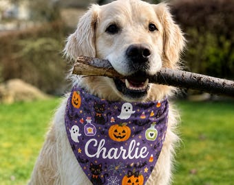 Personalized Dog Bandana, Reversible Pumpkin Ghost Halloween Pet Scarf