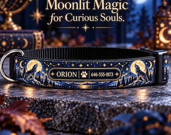 May include: A black pet collar featuring a repeating pattern of howling wolves, full moons, and starry night skies. The center panel displays the text ORION, a paw print icon, and the phone number 646-555-0173 in gold lettering.
