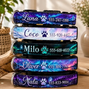 May include: A stack of five pet collars featuring vibrant aurora borealis patterns in shades of purple, blue, and green. Each collar displays a custom name, a paw print icon, and a phone number, including Luna 555-247-1188, Coco 555-920-4417, Milo 555-618-4022, Oliver 555-304-7765, and Nala 555-833-9014.