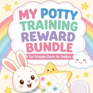 May include: A digital graphic titled MY POTTY TRAINING REWARD BUNDLE Fun Printable Charts for Toddlers. The design features a white rabbit holding a star-shaped chart with empty circles, a smiling cloud, a rainbow, and yellow stars on a cream background.