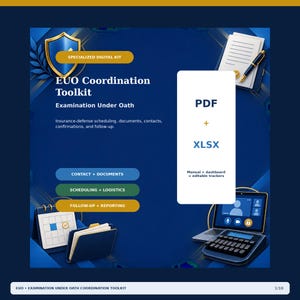 May include: A digital EUO Coordination Toolkit for insurance-defense scheduling, documents, contacts, and follow-up. Includes PDF and XLSX files, a manual, dashboard, and editable trackers, featuring a shield icon, calendar, and laptop.