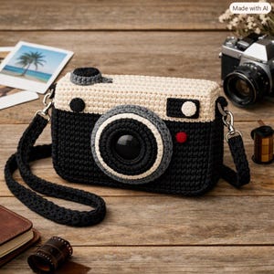 May include: A crochet camera-shaped bag featuring a black body, a cream-colored top, and a prominent circular lens detail. The bag includes a black crocheted shoulder strap attached with silver-toned metal hardware and a small red accent dot.