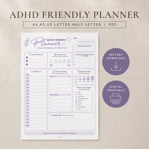 Può includere: Una pagina di pianificazione digitale bianca intitolata ADHD FRIENDLY PLANNER con testo e linee viola. Le sezioni includono priorità, livello di concentrazione, programma, attività, controllo dell'energia, menu di cura di sé e brain dump.