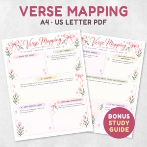 May include: Two printable Verse Mapping sheets with pink bows and floral accents. The pages feature sections for writing verses, key words, context, meaning, application, related verses, and takeaways. A pink circle badge reads Bonus Study Guide.