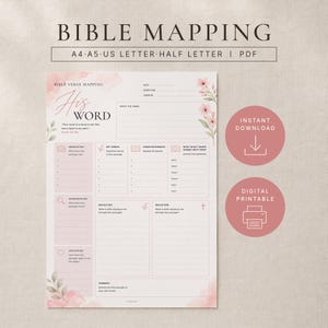 Può includere: Un foglio di lavoro per il Bible mapping con un motivo floreale rosa pallido e sezioni per osservazione, parole chiave, riferimenti incrociati, riflessione e applicazione. Il testo include BIBLE MAPPING, A4, A5, US LETTER, HALF LETTER, PDF, HIS WORD.