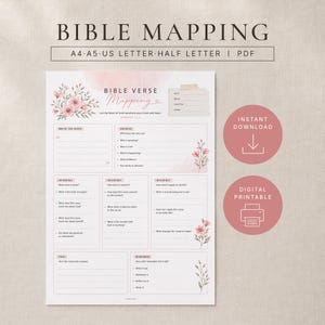 May include: A digital Bible mapping worksheet featuring pink floral illustrations, sections for verse, observation, interpretation, and prayer, with text including BIBLE MAPPING, A4, A5, US LETTER, HALF LETTER, PDF, INSTANT DOWNLOAD, and DIGITAL PRINTABLE.