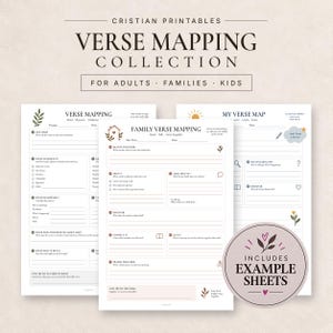 Puede incluir: Una colección de tres hojas de mapeo de versículos imprimibles titulada Cristian Printables Verse Mapping Collection for Adults, Families, and Kids. Las hojas presentan secciones estructuradas para leer, descubrir y aplicar las escrituras, con pequeños iconos botánicos y de sol.