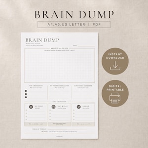 Könnte beinhalten: Eine weiße digitale Planerseite mit dem Titel Brain Dump, unterteilt in Prioritäten, Schritte und Wahrheiten. Sie enthält ein Punktraster, einen Sort and Surrender-Bereich für tägliche Aufgaben und ein Gebetsfeld. Text: A4, A5, US Letter, PDF.