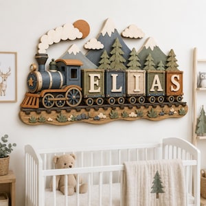 Personlig tågnamnskylt, anpassad trädekoration för barnrum i trä, järnvägsväggkonst, lokomotivskylt i sovrummet, babyshowerpresent