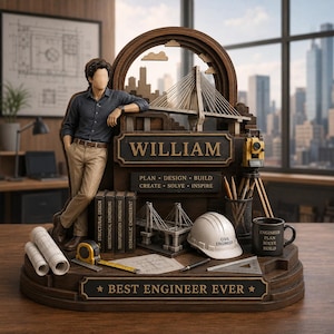 Könnte beinhalten: Ein Schreibtisch-Organizer aus Holz mit einer Figur, die an eine Struktur mit dem Namen WILLIAM gelehnt ist, dem Text PLAN DESIGN BUILD CREATE SOLVE INSPIRE, einem weißen Schutzhelm mit Aufschrift CIVIL ENGINEER und einer Tasse mit ENGINEER PLAN SOLVE BUILD.