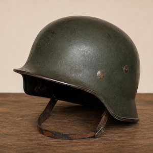 Puede incluir: Un casco de estilo militar de color verde oliva oscuro con una cúpula lisa y redondeada y un ala acampanada. El casco presenta dos remaches metálicos visibles en el lateral y una fina correa de cuero marrón desgastada.