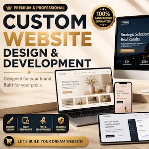 May include: A digital display showing custom website design and development services. The image features a desktop monitor, a laptop, a tablet, and a smartphone, all displaying various professional website layouts with dark and light color schemes.