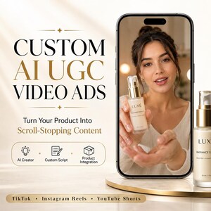 以下が含まれることがあります： ゴールドのポンプディスペンサーが付いたLUXE Radiance Serumの透明なガラスボトル。ラベルには30 ml / 1 fl ozと記載されています。ボトルは、セラムのビデオ広告を表示するスマートフォンの画面の横に配置されており、画面にはCUSTOM AI UGC VIDEO ADSというテキストが表示されています。