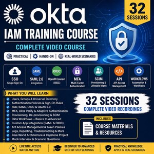 Puede incluir: Un gráfico de curso de formación digital azul oscuro para Okta IAM con 32 sesiones. Enumera temas como SSO, SAML 2.0, OIDC, MFA, SCIM, API y Workflows. El texto destaca escenarios prácticos, prácticos y del mundo real e incluye materiales del curso.