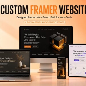 May include: A laptop, a desktop monitor, a smartphone, and a tablet displaying various website interfaces. The top text reads CUSTOM FRAMER WEBSITE, Designed Around Your Brand. Built for Your Goals. CUSTOM DESIGN & DEVELOPMENT SERVICE.