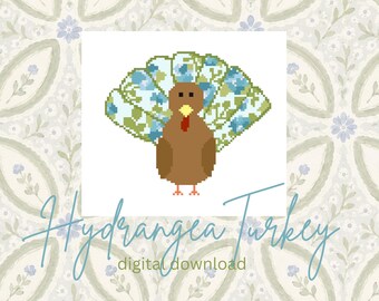 May include: A pixel art turkey with a brown body, yellow beak, and red wattle, featuring a large, fan-shaped tail decorated with a blue and green hydrangea floral pattern. The text Hydrangea Turkey digital download appears below the image.
