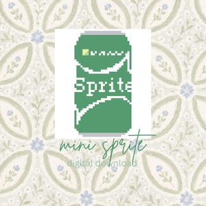 May include: A pixel art graphic of a green soda can with white text that reads Sprite. The design features a small yellow square icon above the brand name. The overall aesthetic is a digital illustration of a beverage container in a blocky style.
