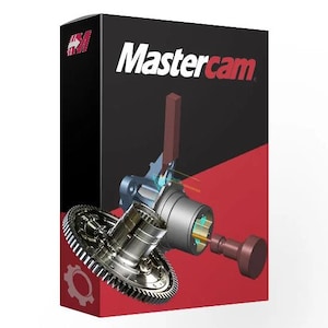 May include: A rectangular software box for Mastercam featuring a black and red background. The front displays a 3D mechanical rendering of a metallic gear assembly, a cylindrical component, and a brown tool bit with light blue path lines.