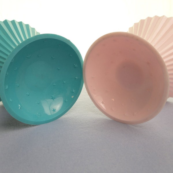 Vintage Mid Century Atomic Melamine Aqua/Turquoise and Pink Ice Cream Dishes, Dessert Cups, Footed Sherbet Dishes Pair - TREASURY ITEM