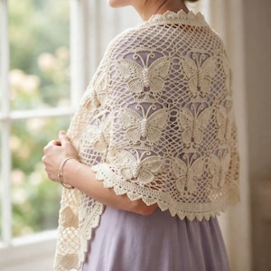 May include: A cream-colored crochet shawl featuring a repeating butterfly motif integrated into an openwork lattice pattern. The garment has a scalloped edge and is draped over the shoulders, showcasing the intricate yarn work and texture.
