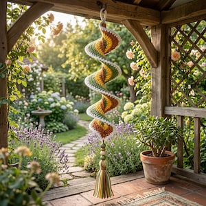 Puede incluir: Una decoración colgante de ganchillo en forma de espiral con bandas alternas de hilo verde oliva, amarillo mostaza y naranja quemado con un borde blanco. La pieza incluye un adorno de cuenta de madera y una borla de hilo multicolor en la base.