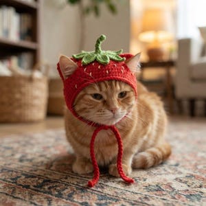 Peut inclure: Un bonnet rouge crocheté en forme de fraise avec une tige et des feuilles vertes sur le dessus. Le bonnet présente de petits détails de graines blanches brodées et deux longs liens tressés rouges qui pendent sur les côtés pour l'attacher.